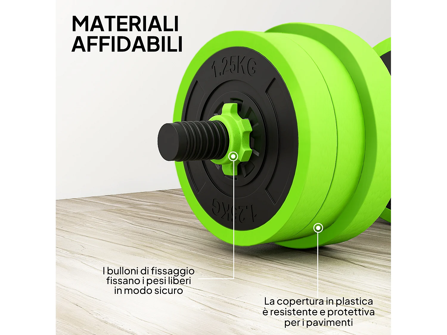 Set pesi 4 in 1 da 20kg con kettlebell manubri e bilanciere verde