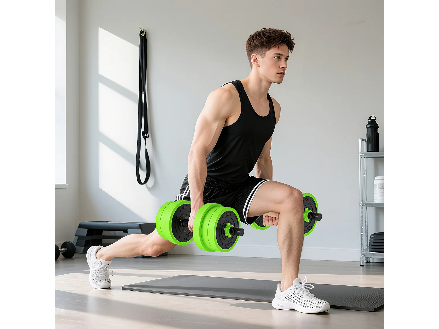 Set pesi 4 in 1 da 20kg con kettlebell manubri e bilanciere verde