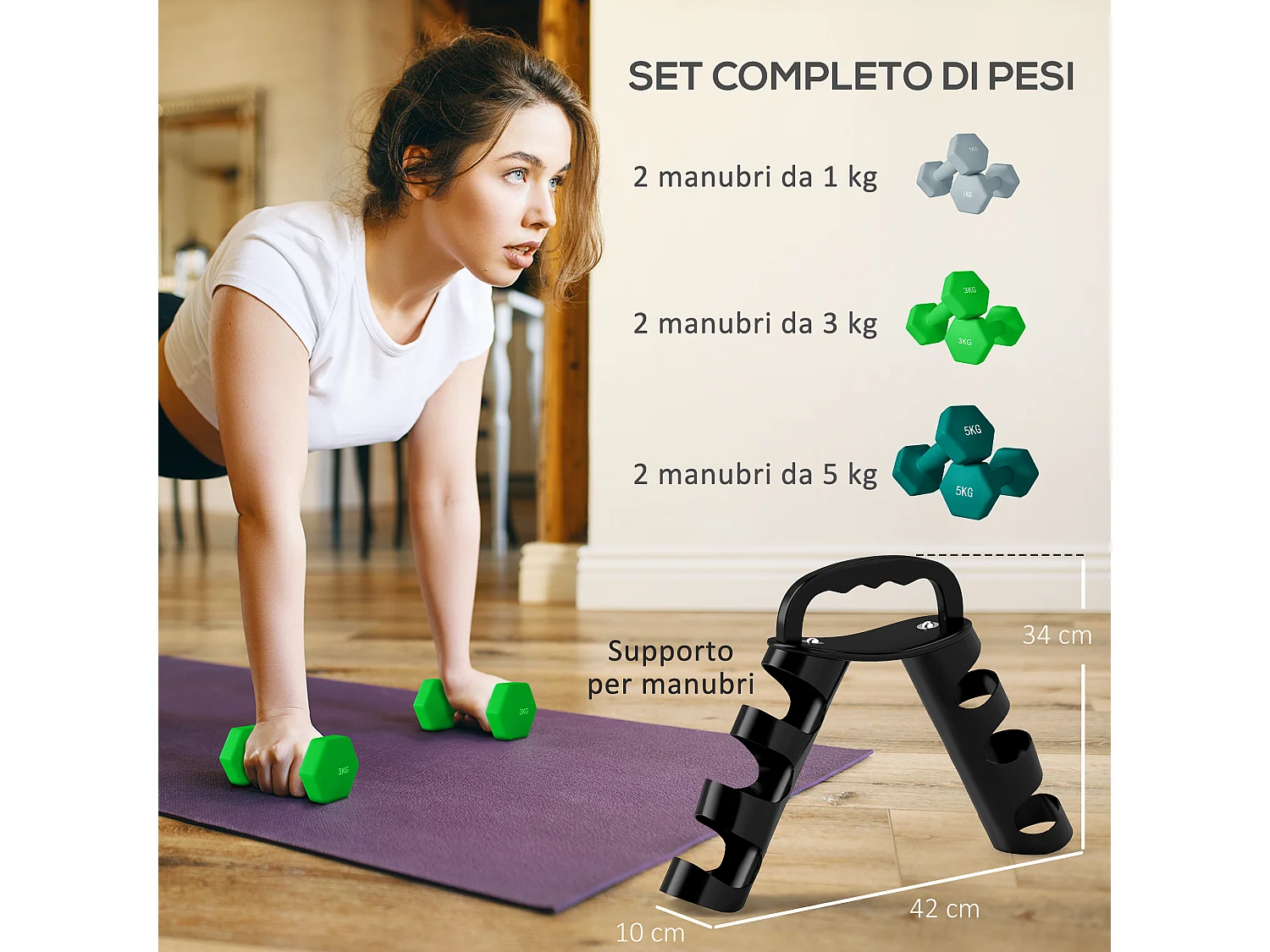 Set di 6 manubri con supporto 2 x 1kg, 2 x 3kg, 2 x 5kg