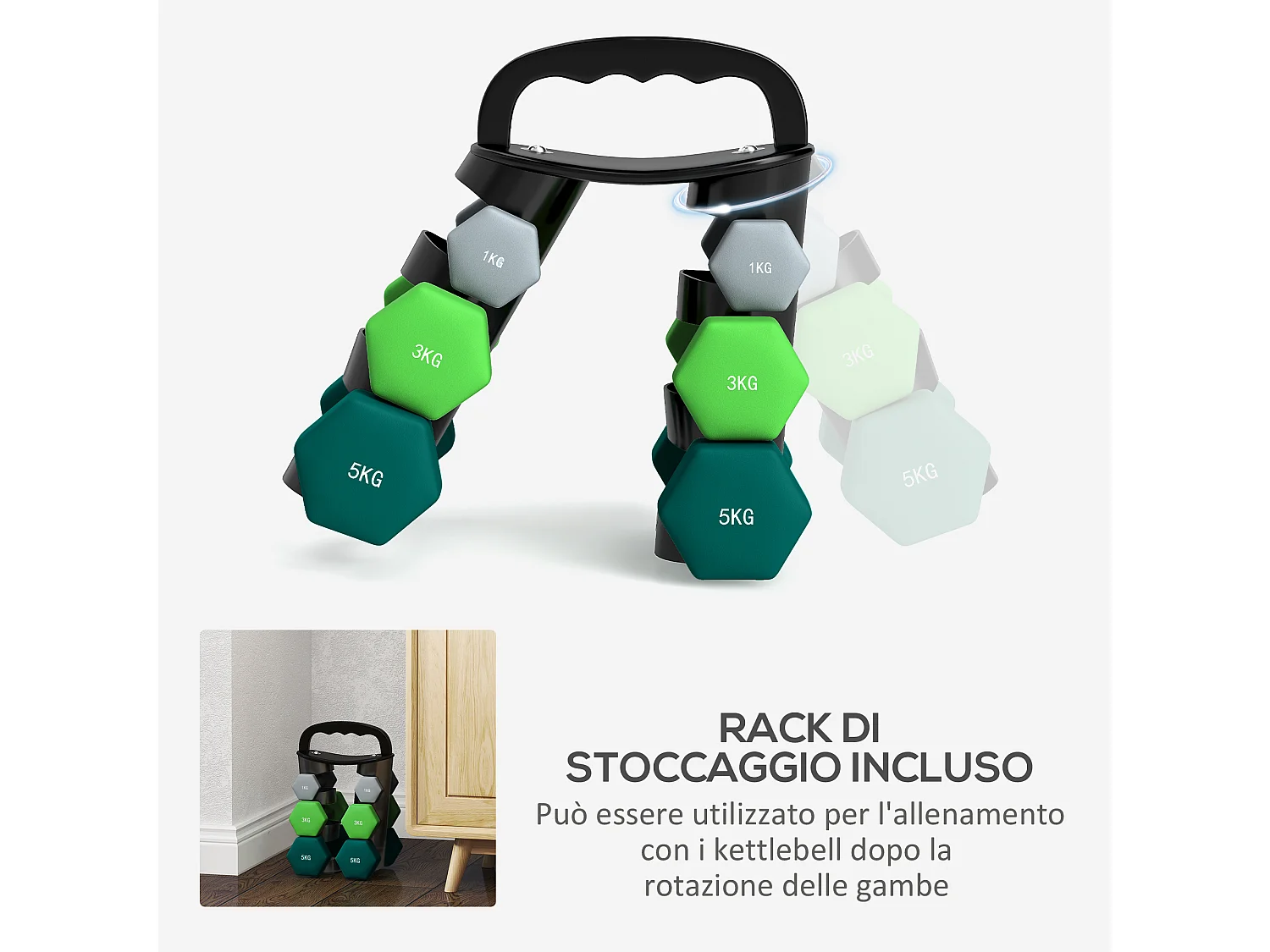 Set di 6 manubri con supporto 2 x 1kg, 2 x 3kg, 2 x 5kg