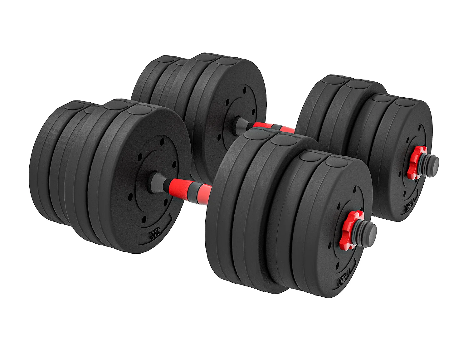 Set 2 manubri con 16 dischi pesi da 30 kg totali e connettore nero