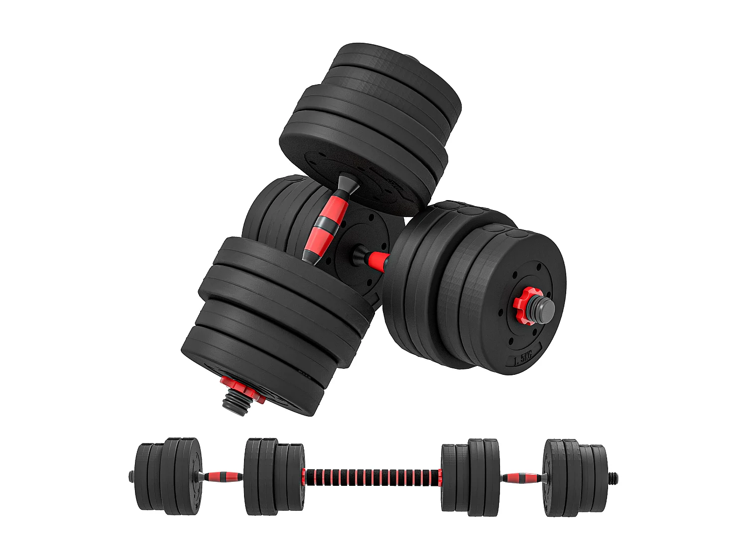 Set 2 manubri con 16 dischi pesi da 30 kg totali e connettore nero