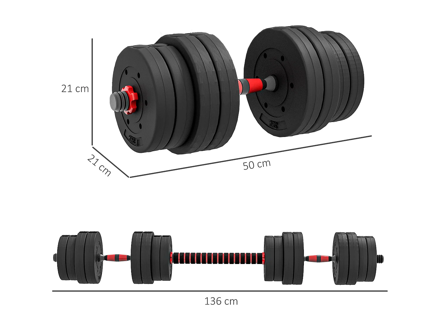 Set 2 manubri con 16 dischi pesi da 30 kg totali e connettore nero