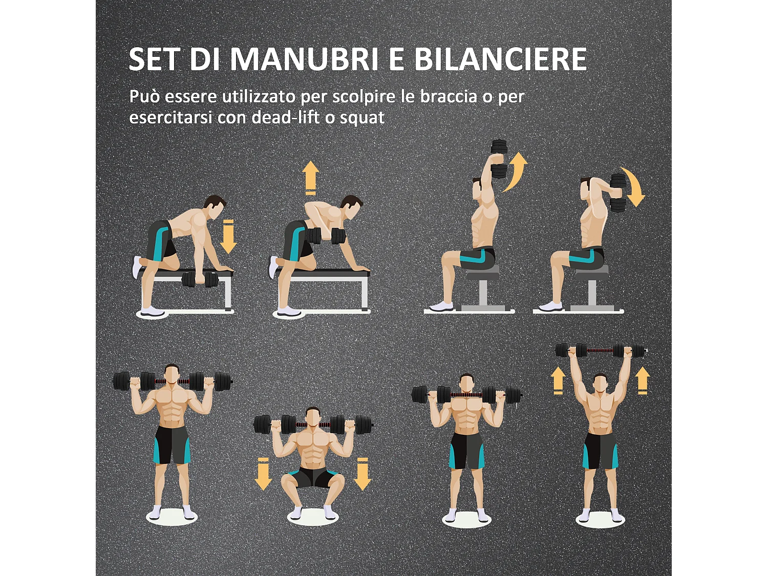 Set 2 manubri con 16 dischi pesi da 30 kg totali e connettore nero