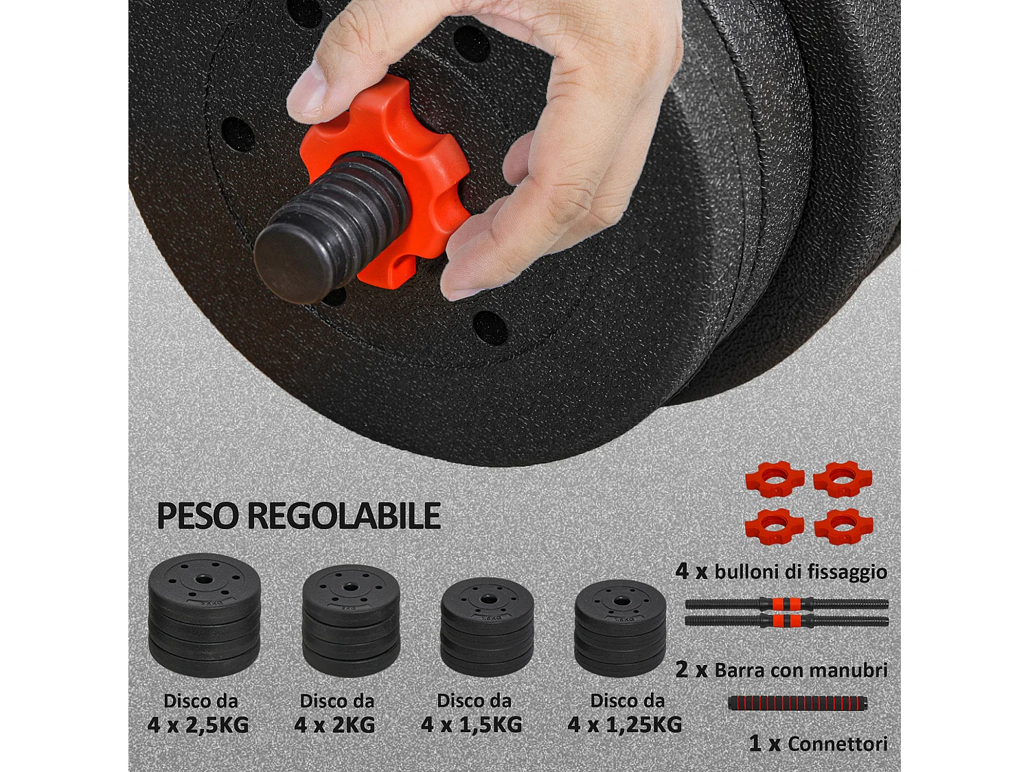 Set 2 manubri con 16 dischi pesi da 30 kg totali e connettore nero