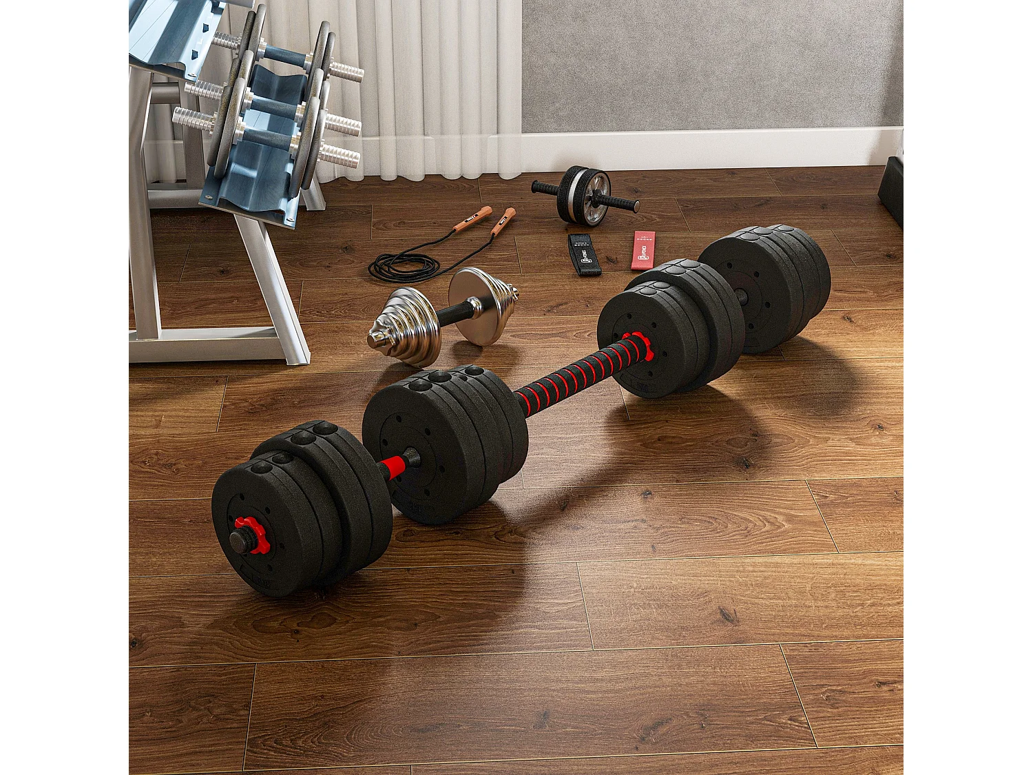 Set 2 manubri con 16 dischi pesi da 30 kg totali e connettore nero