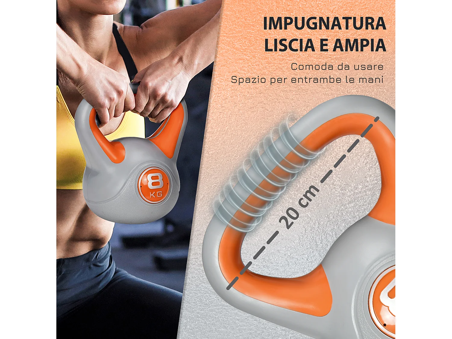 Kettlebell 8kg arancione in pu con base piatta e impugnatura