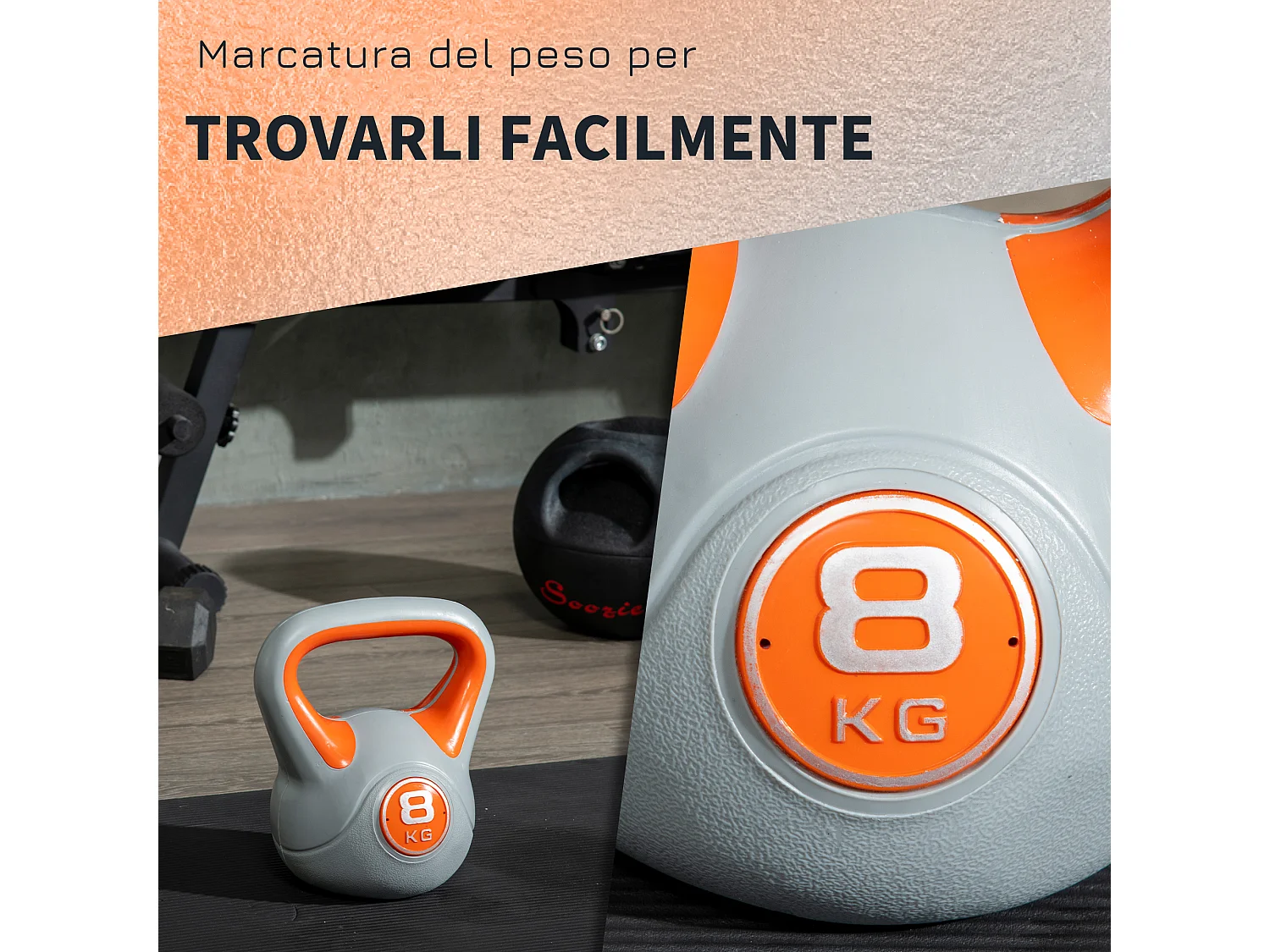 Kettlebell 8kg arancione in pu con base piatta e impugnatura