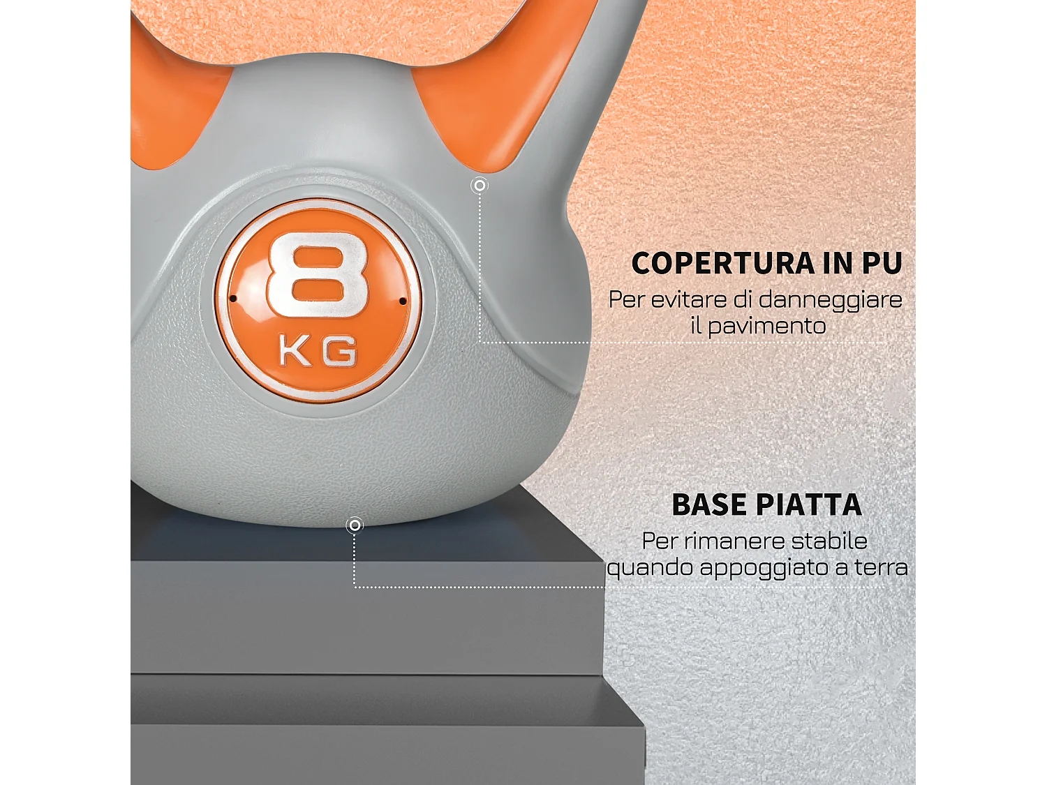 Kettlebell 8kg arancione in pu con base piatta e impugnatura