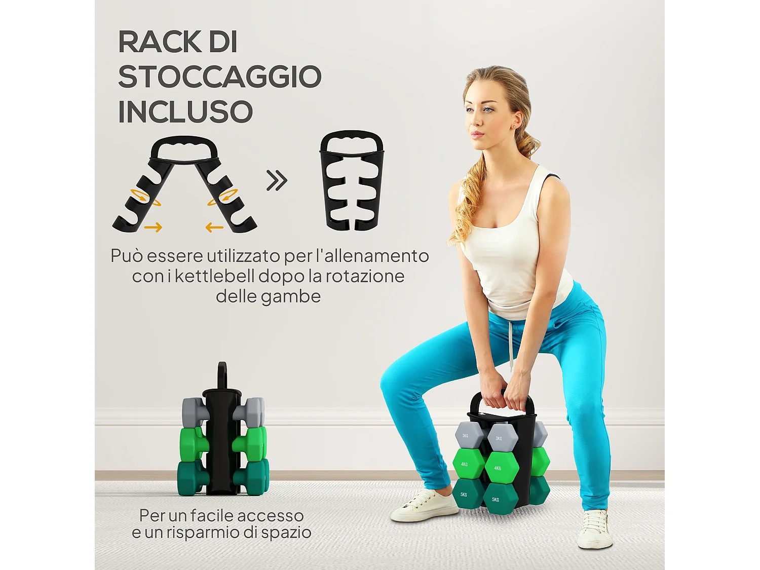 Set di 6 manubri con supporto 2 x 3 kg, 2 x 4 kg, 2 x 5 kg