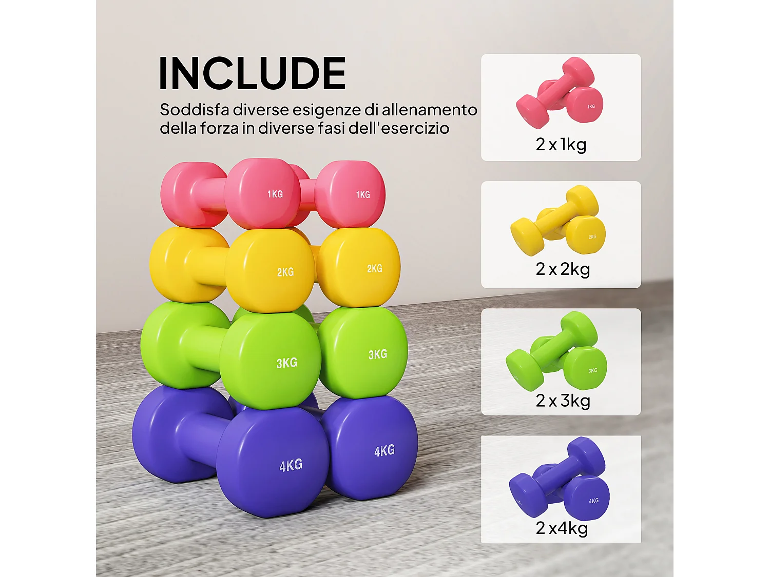 Set 4 manubri da 20 kg con design esagonale in acciaio pu multicolore