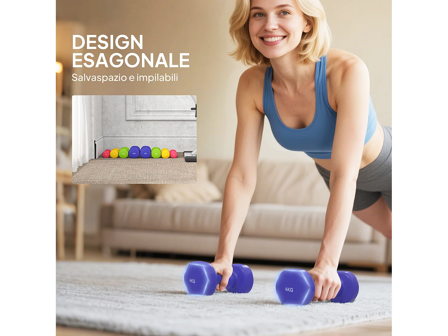 Set 4 manubri da 20 kg con design esagonale in acciaio pu multicolore
