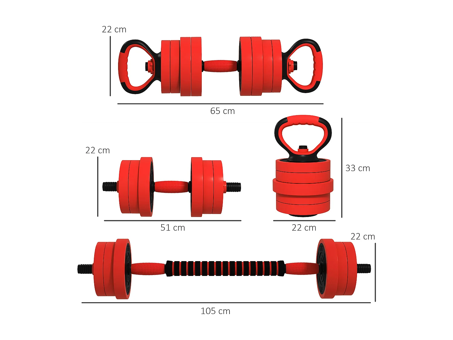 Set pesi 4 in 1 da 30kg con kettlebell manubri e bilanciere rosso