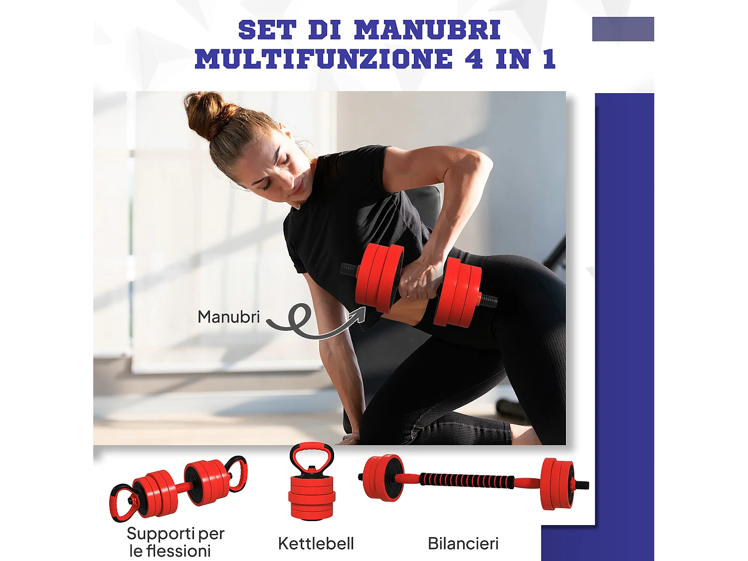 Set pesi 4 in 1 da 30kg con kettlebell manubri e bilanciere rosso