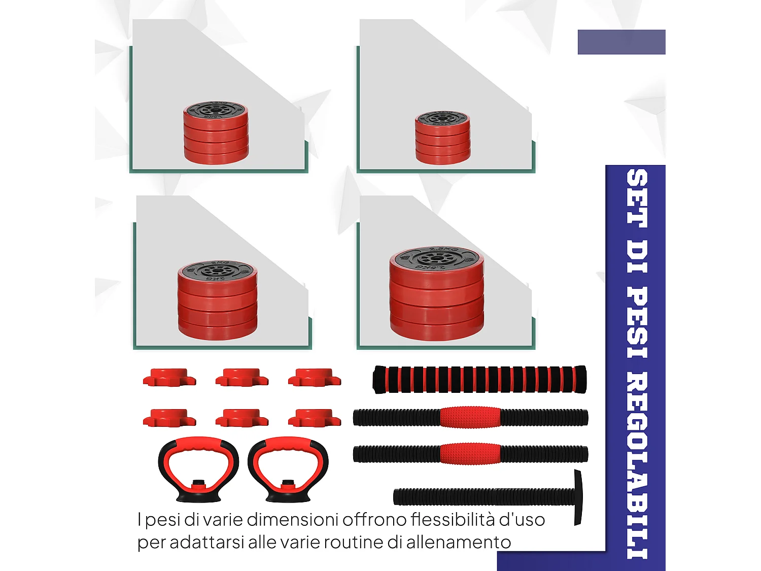 Set pesi 4 in 1 da 30kg con kettlebell manubri e bilanciere rosso