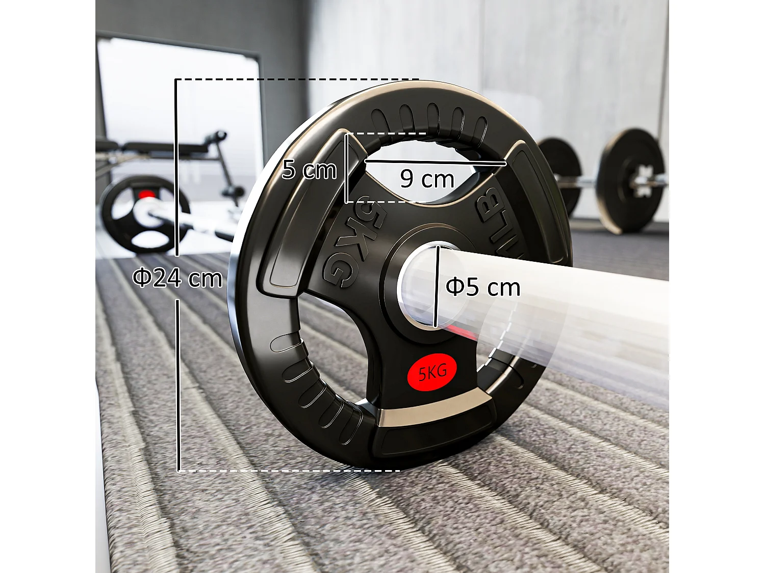 Set di dischi pesi 2x5 kg con foro da 5 cm e 3 impugnature