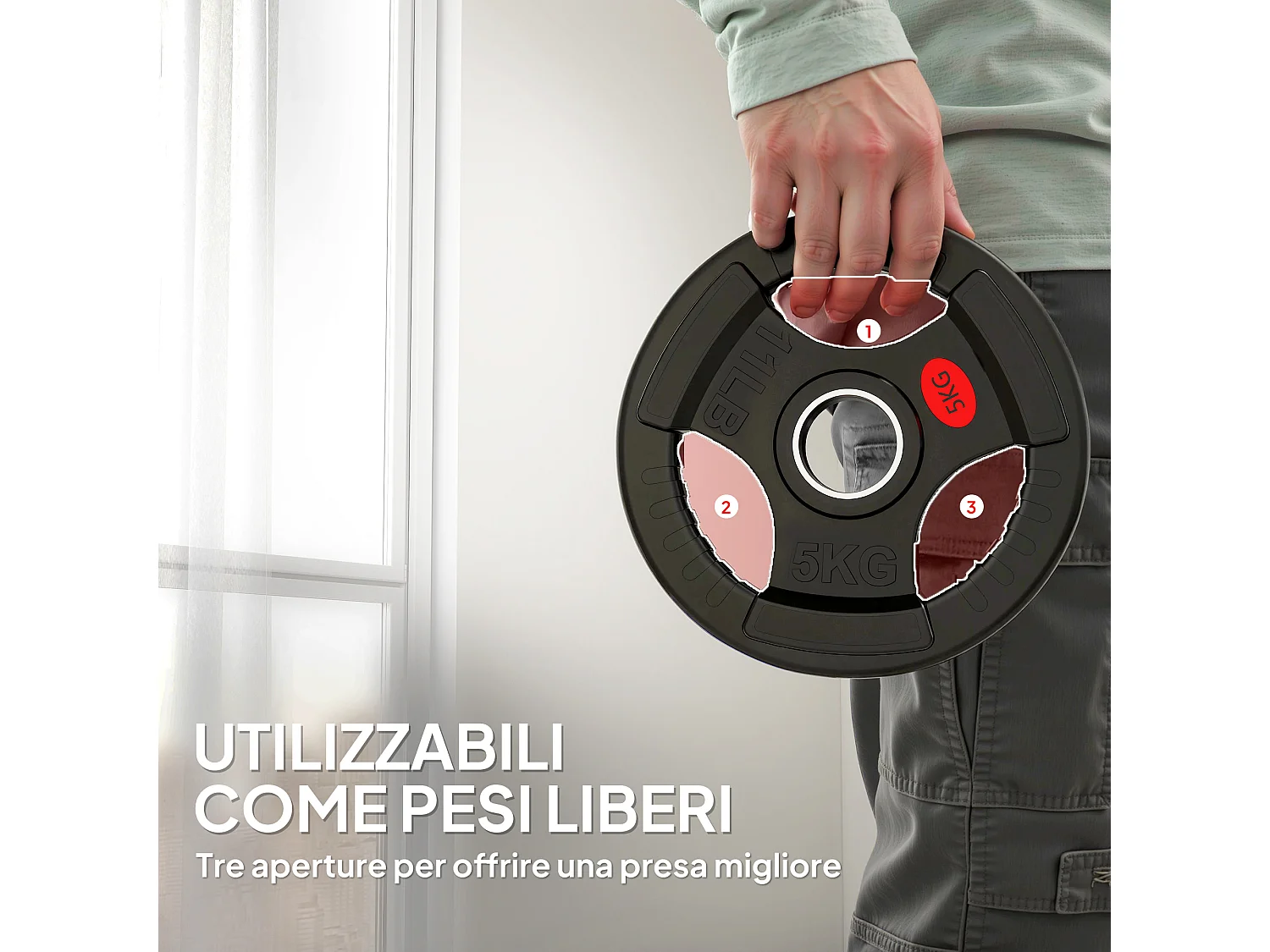 Set di dischi pesi 2x5 kg con foro da 5 cm e 3 impugnature