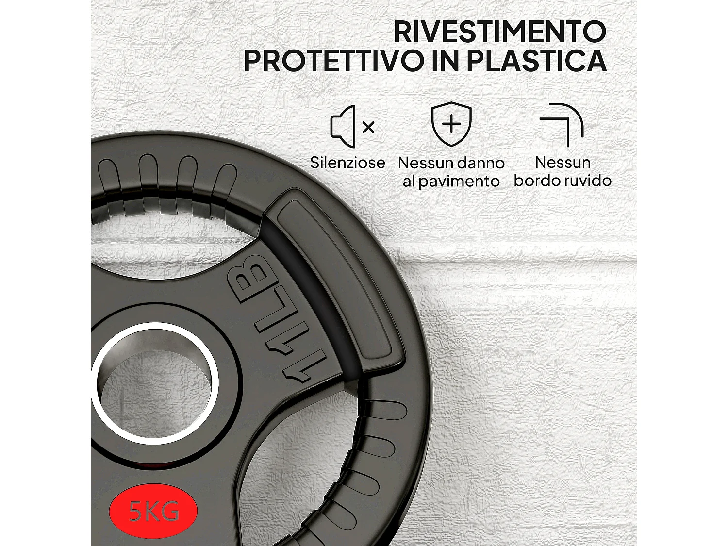 Set di dischi pesi 2x5 kg con foro da 5 cm e 3 impugnature