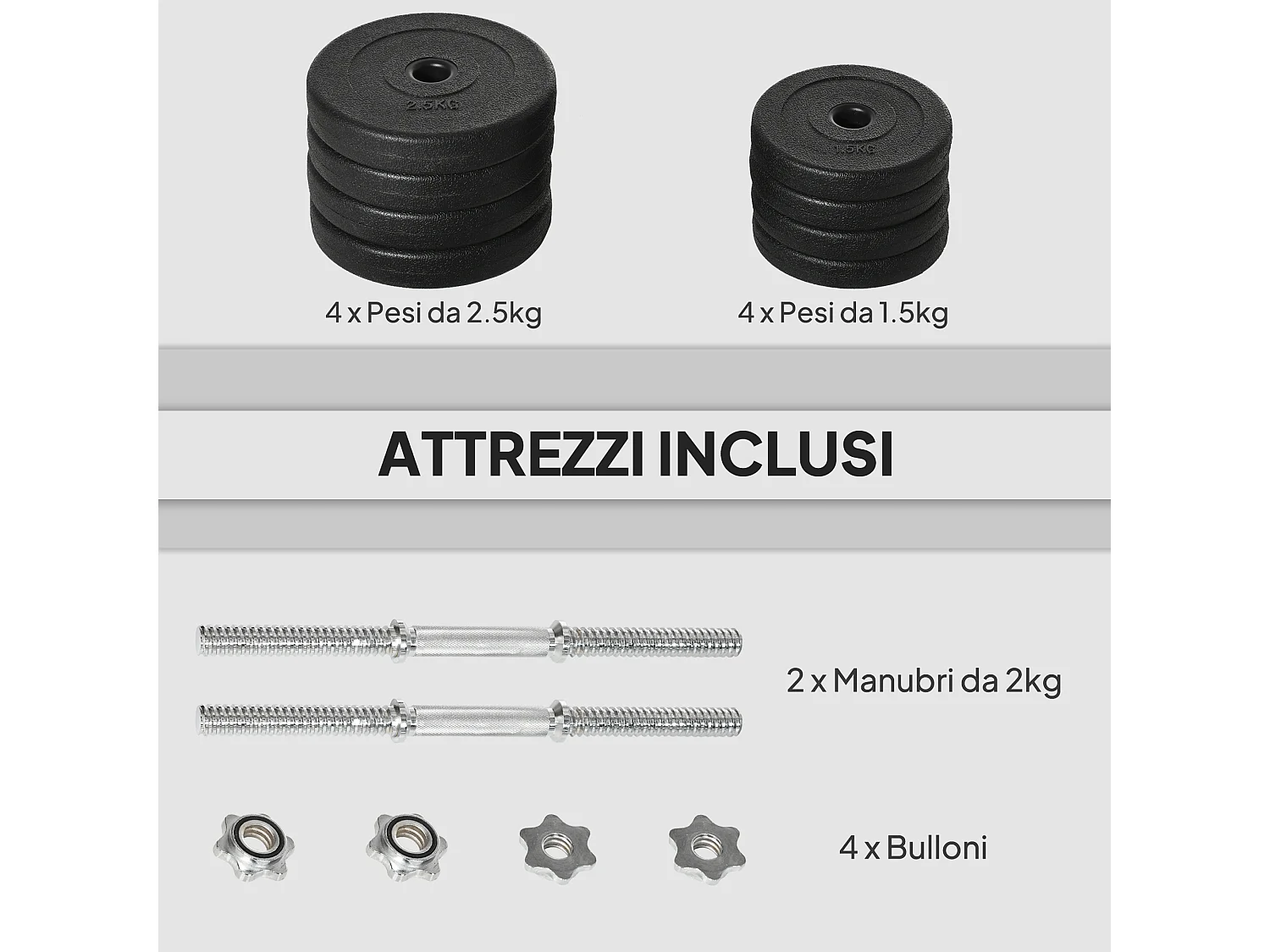 Set 2 manubri pesi da 20kg totali con 8 dischi in acciaio e pp nero