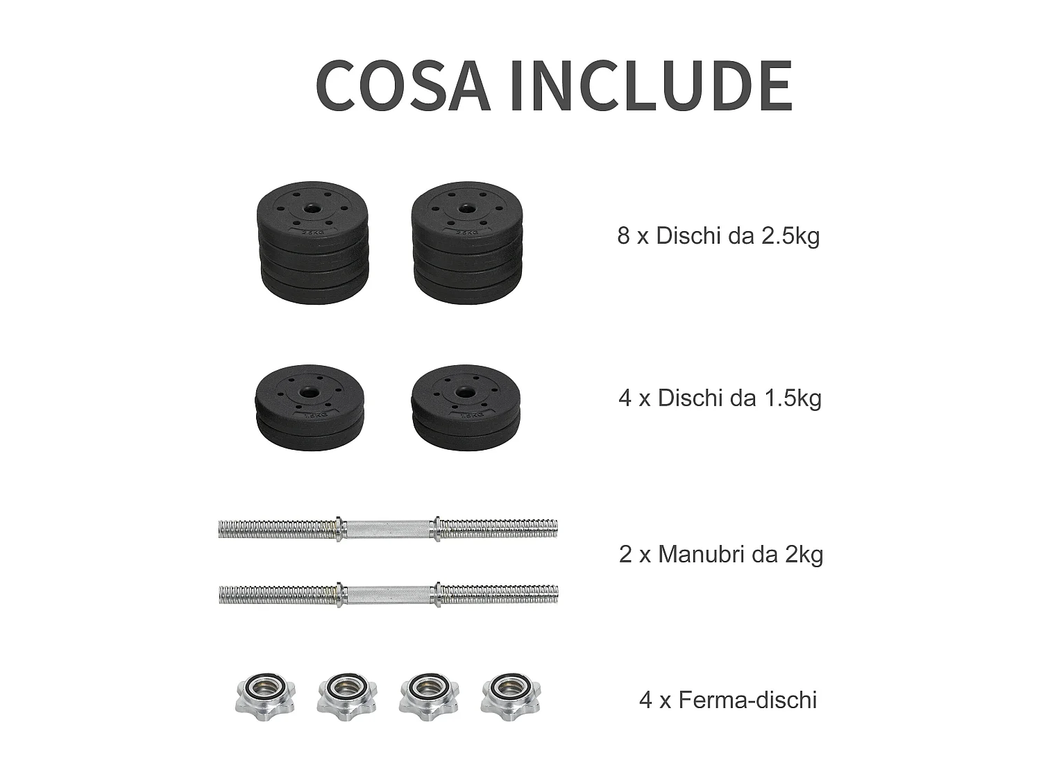 Set 2 Manubri 30kg Totali con 12 Dischi in Acciaio