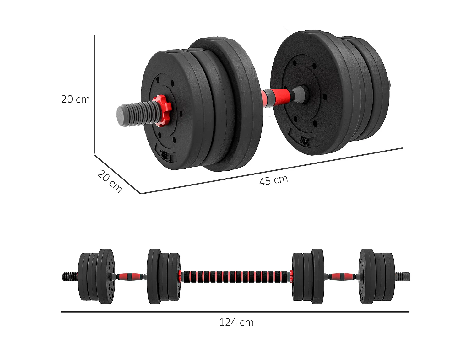 Set 2 manubri con 12 dischi pesi da 20 kg totali e connettore nero