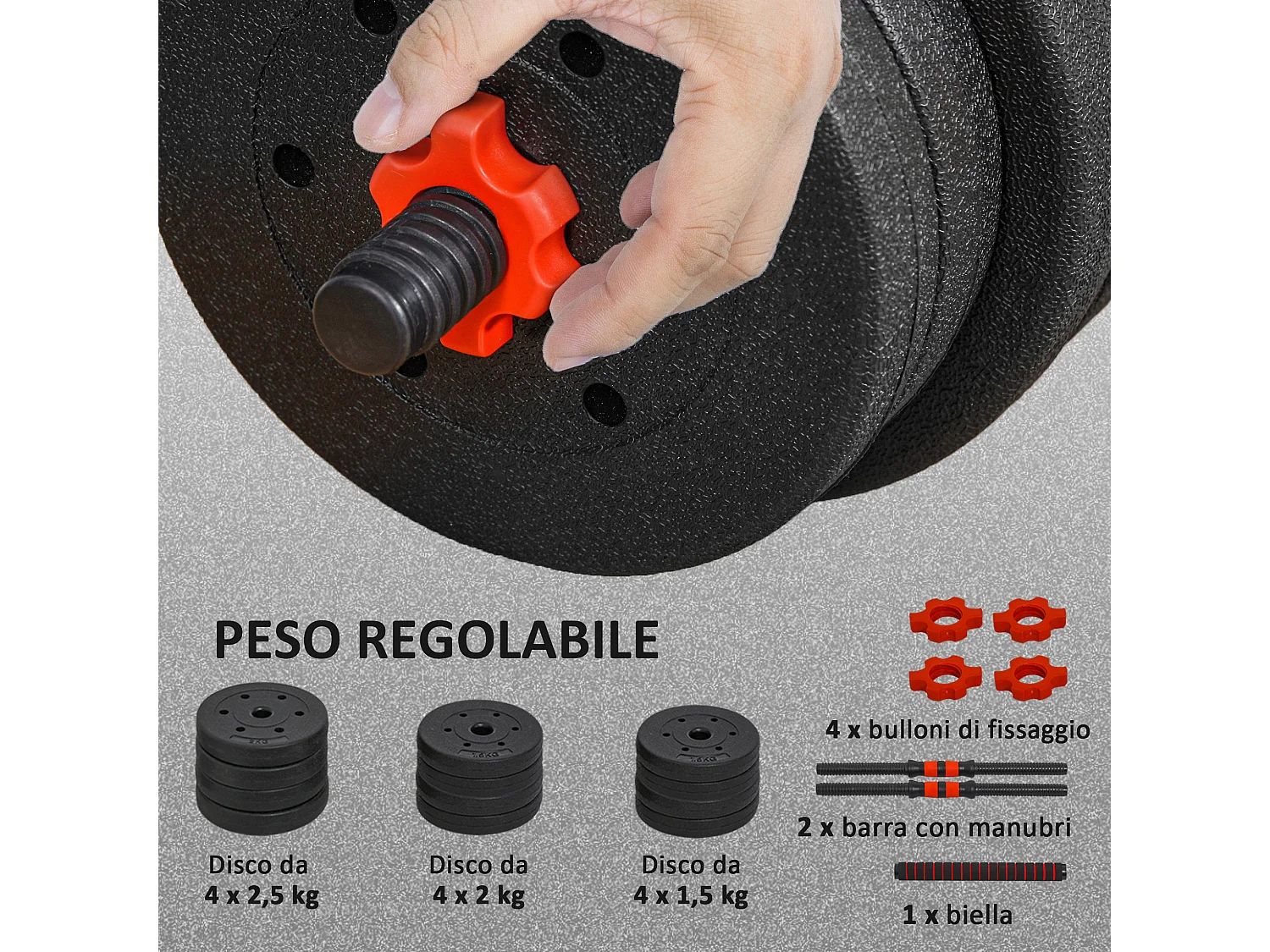 Set 2 manubri con 12 dischi pesi da 20 kg totali e connettore nero