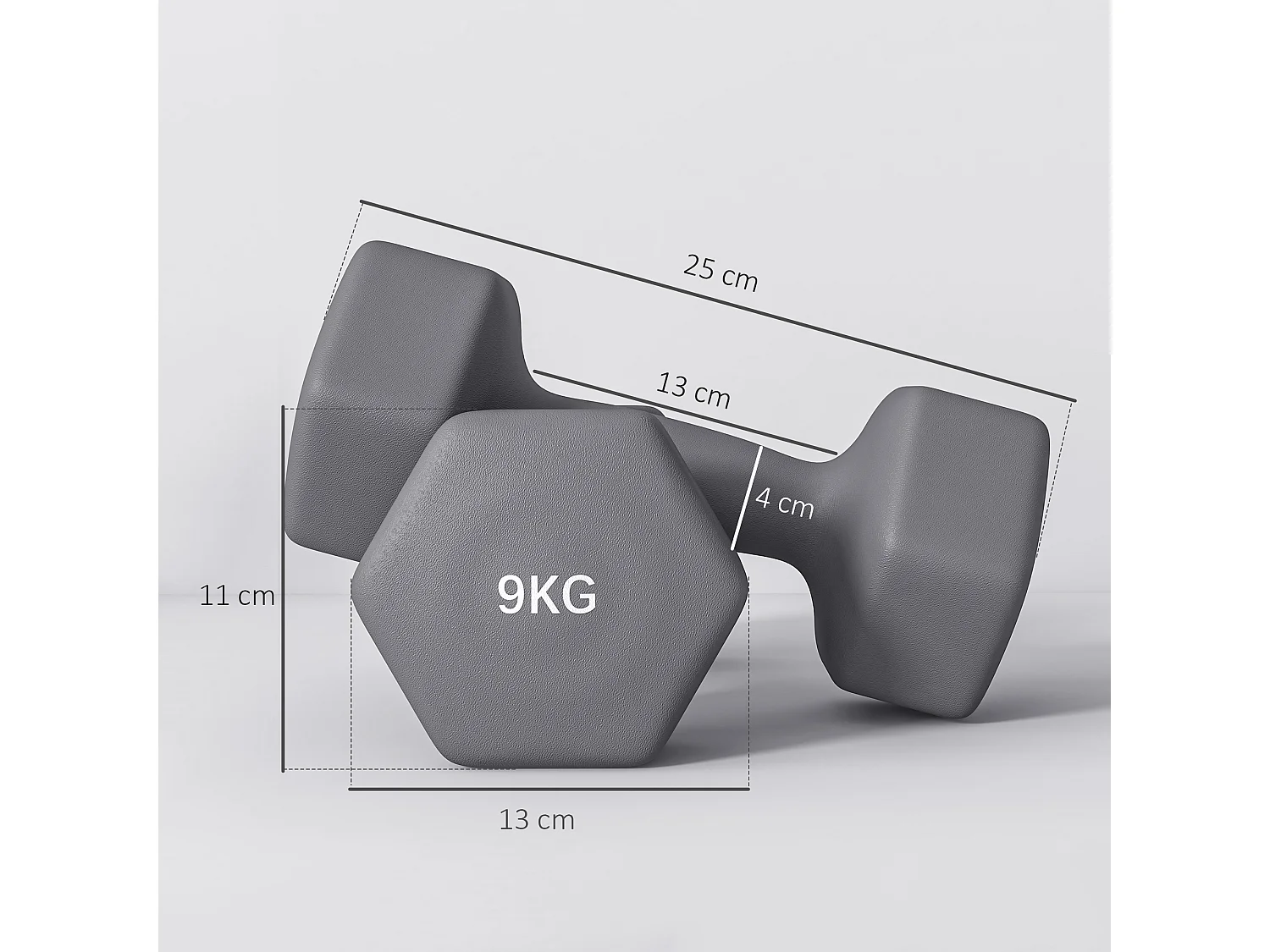 Set 2 manubri esagonali da 9 kg in metallo plastica 25x11x11cm grigio