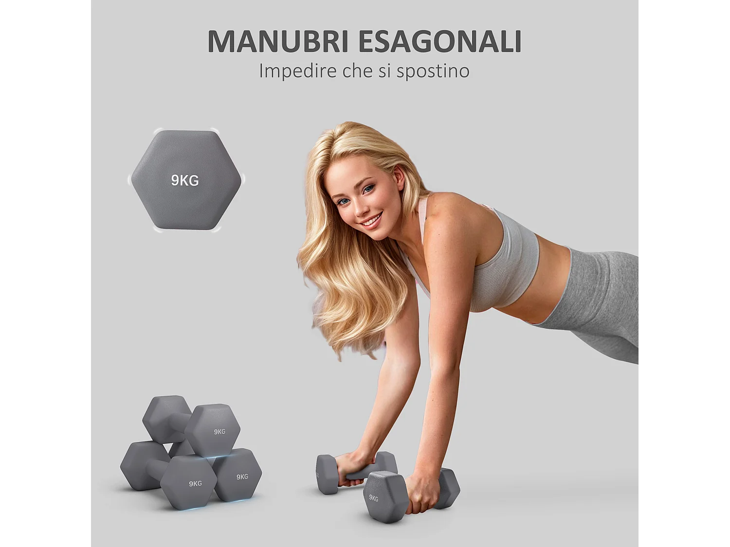 Set 2 manubri esagonali da 9 kg in metallo plastica 25x11x11cm grigio