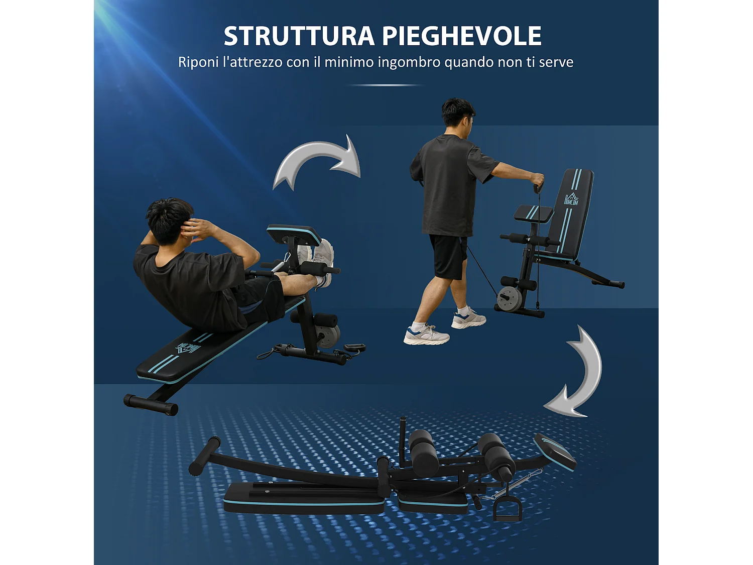 Panca multifunzione con 7 reclinazioni leg extension e cuscinetti blu