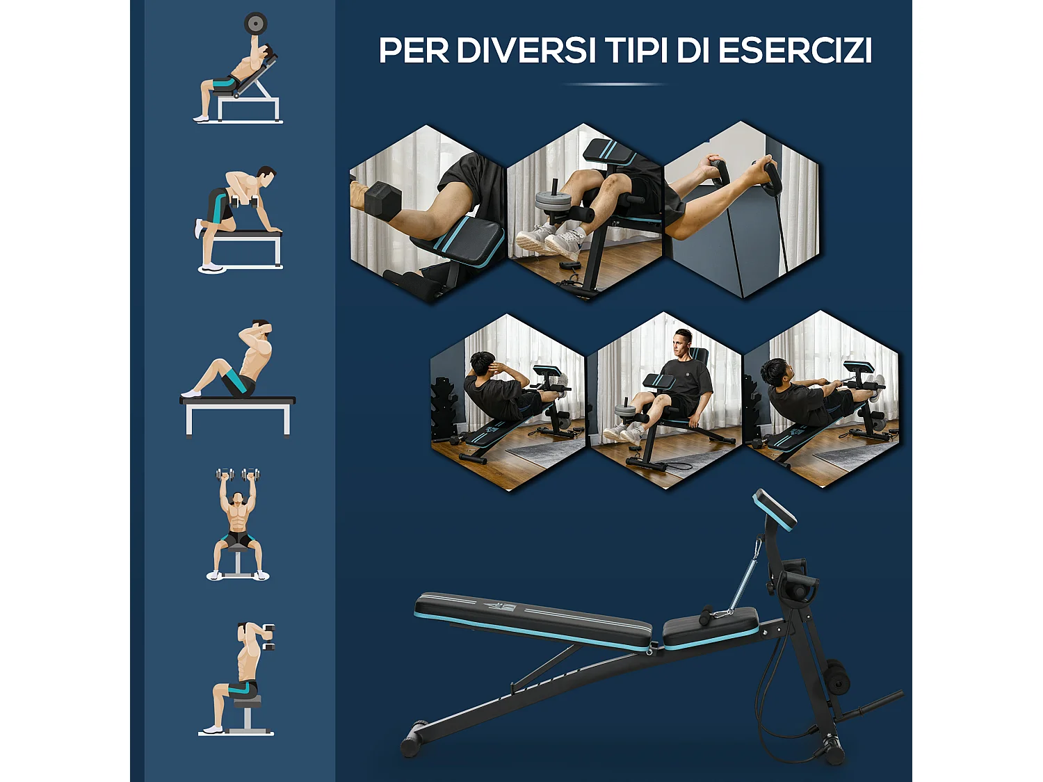 Panca multifunzione con 7 reclinazioni leg extension e cuscinetti blu