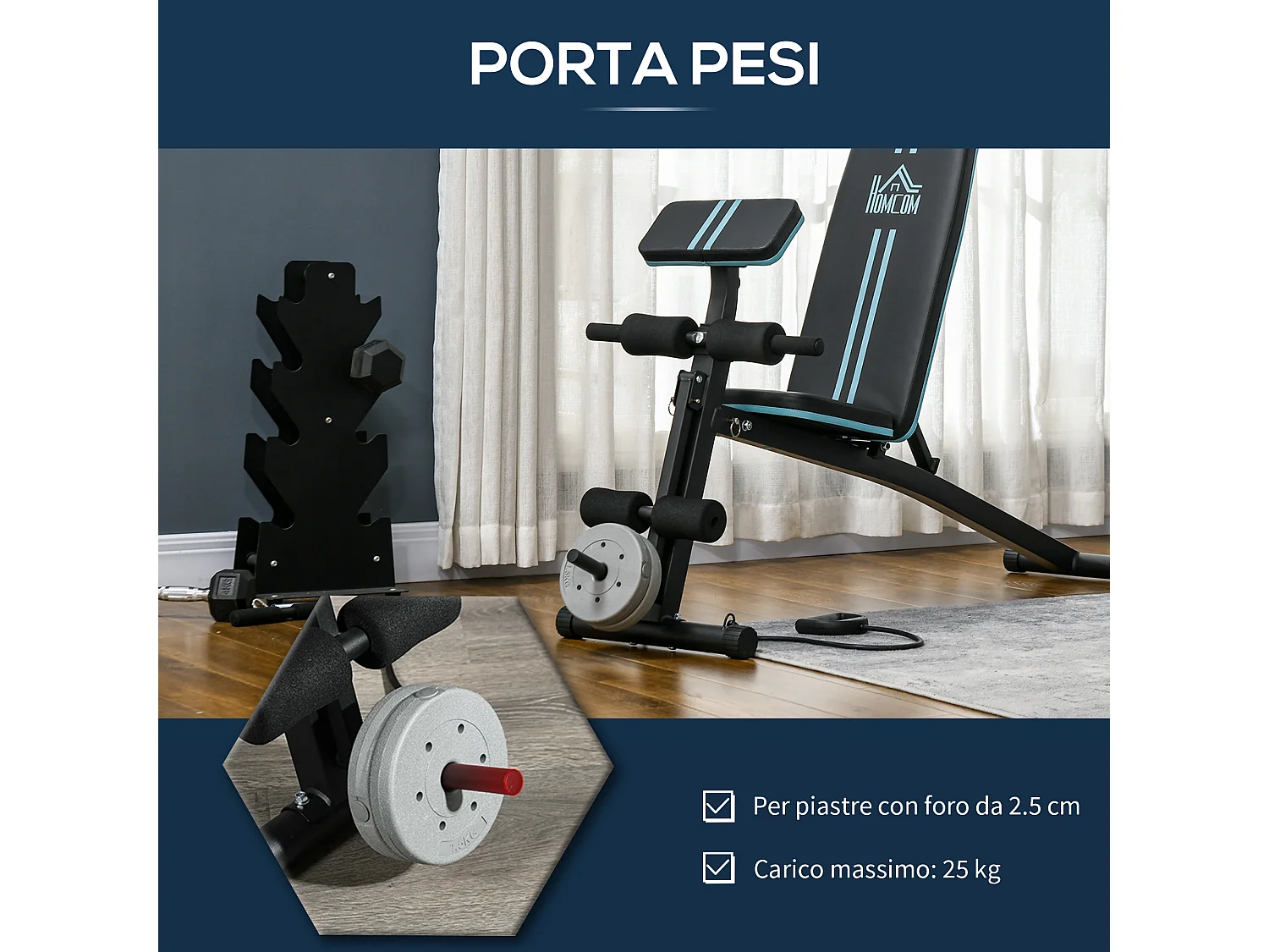 Panca multifunzione con 7 reclinazioni leg extension e cuscinetti blu
