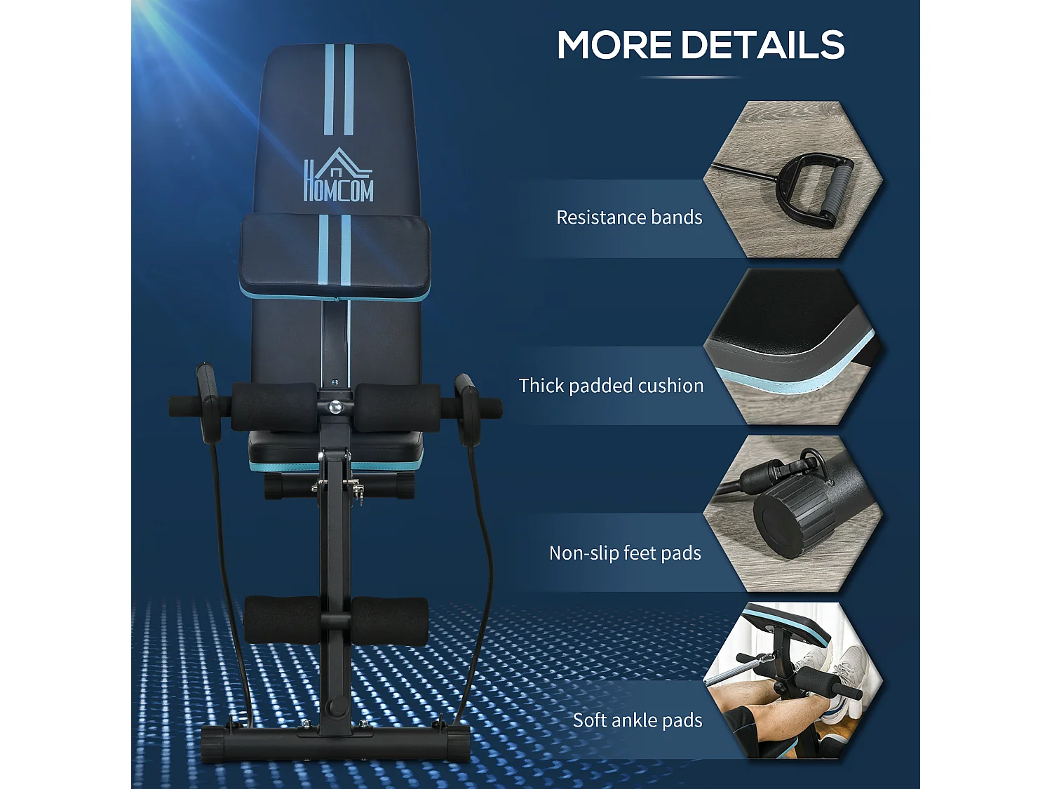 Panca multifunzione con 7 reclinazioni leg extension e cuscinetti blu