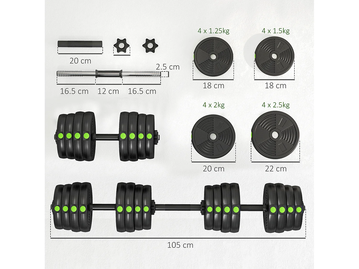 Set 2 in 1 con 2 manubri convertibili in bilanciere da 30kg