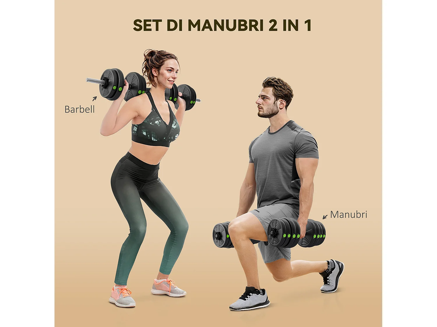 Set 2 in 1 con 2 manubri convertibili in bilanciere da 30kg