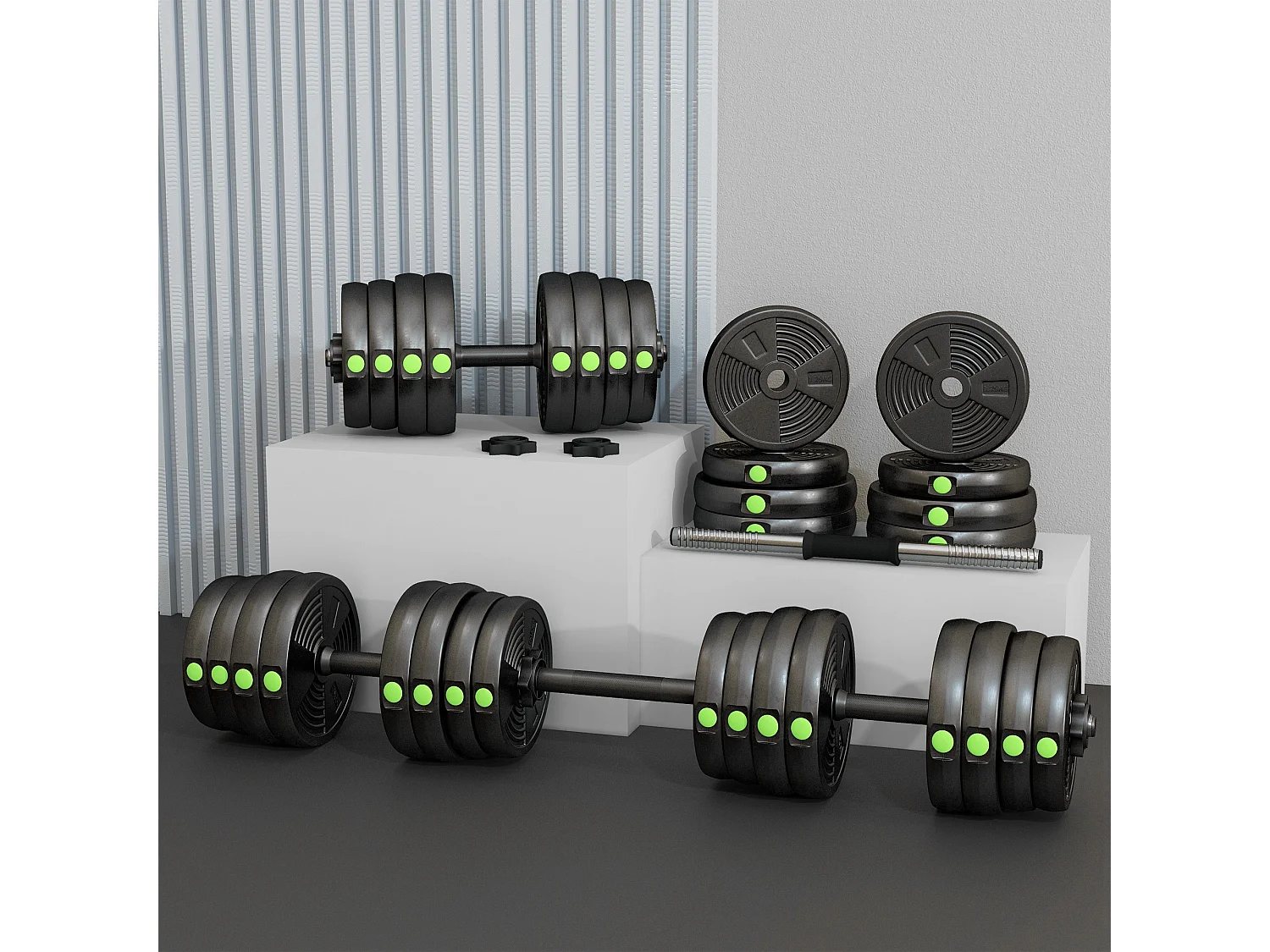 Set 2 in 1 con 2 manubri convertibili in bilanciere da 30kg