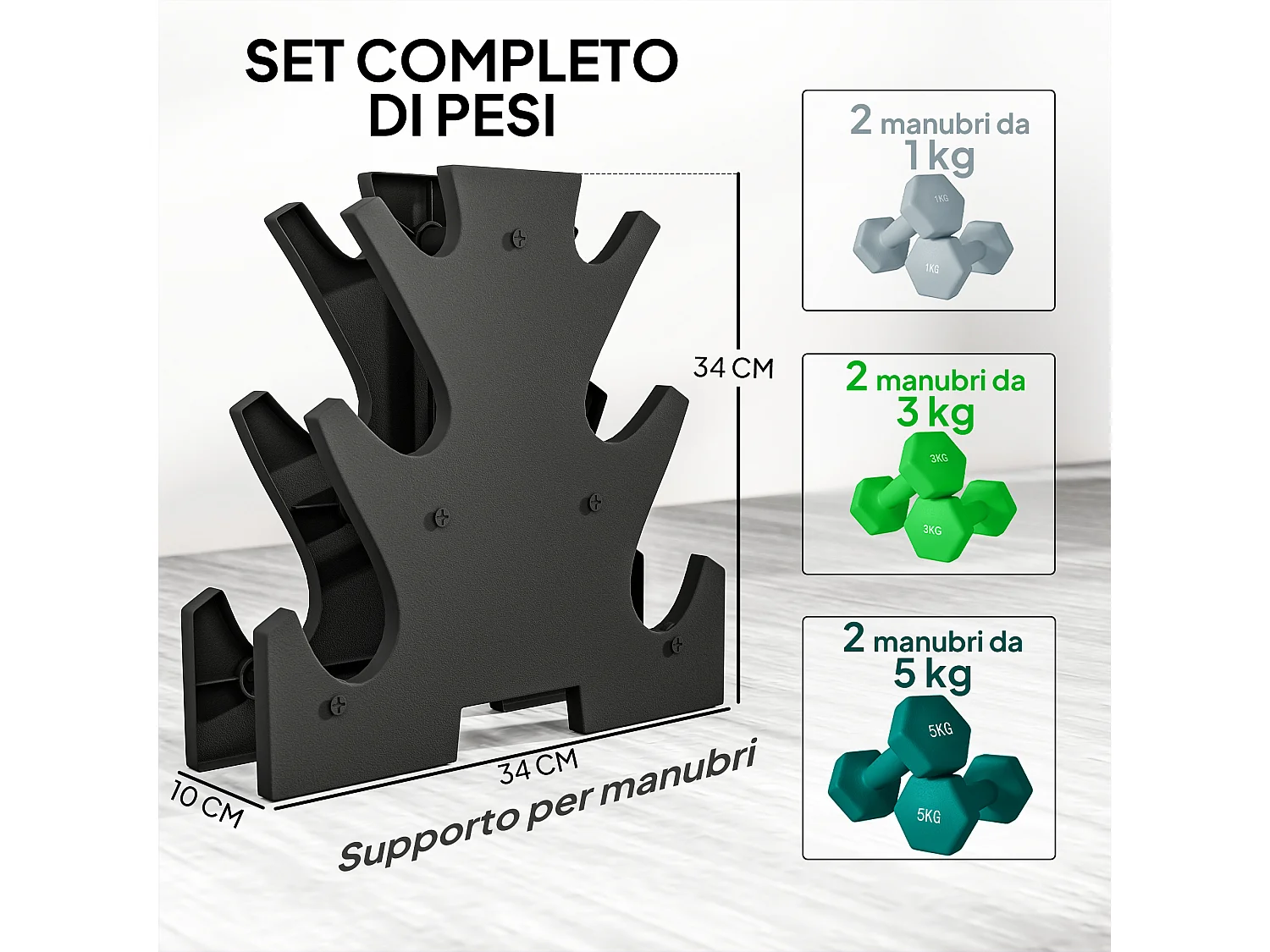 Kit pesi esagonali da 18 kg totali con supporto incluso multicolore