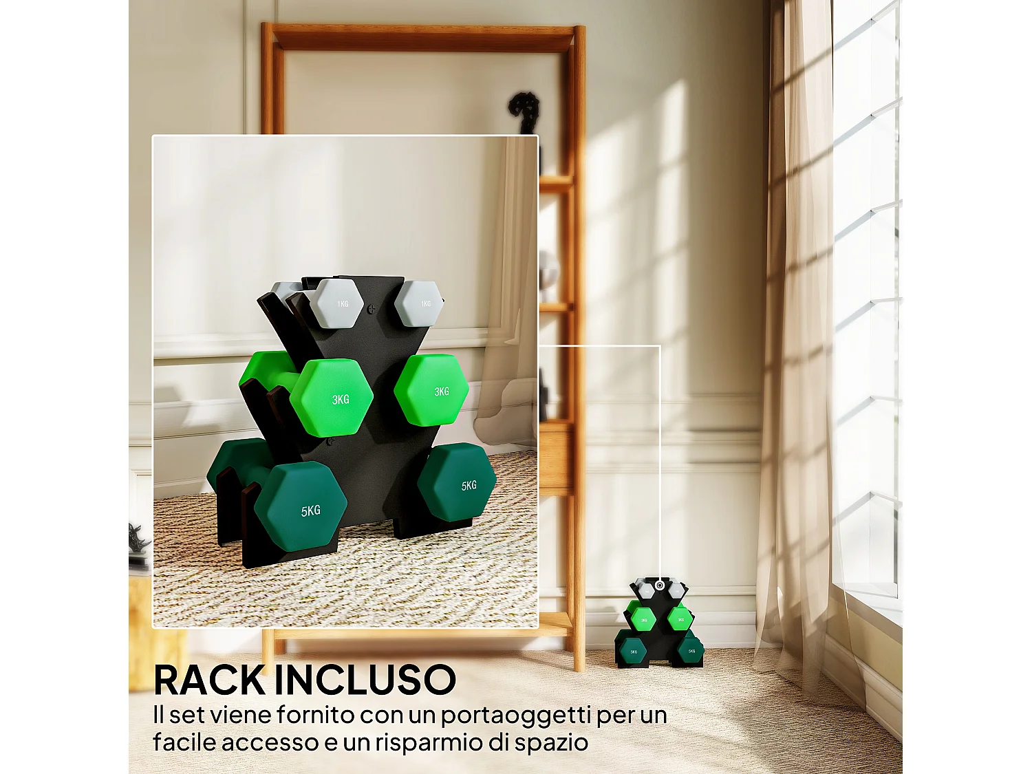 Kit pesi esagonali da 18 kg totali con supporto incluso multicolore