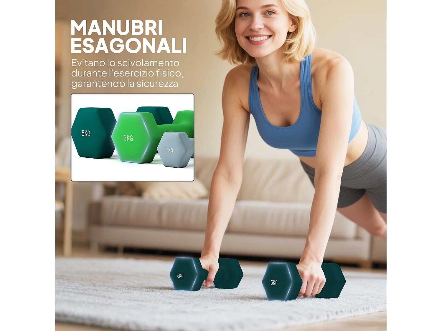 Kit pesi esagonali da 18 kg totali con supporto incluso multicolore