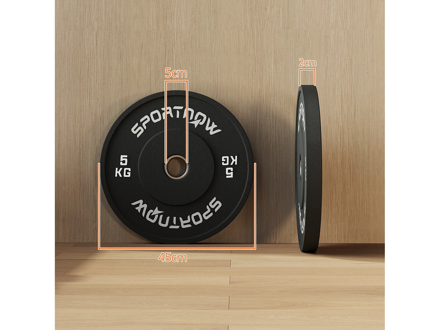 Set 2 dischi pesi da 5kg per palestra e foro 5cm in gomma nero