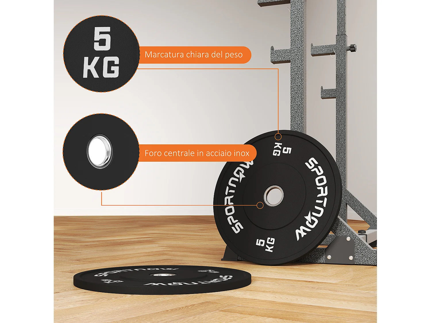 Set 2 dischi pesi da 5kg per palestra e foro 5cm in gomma nero