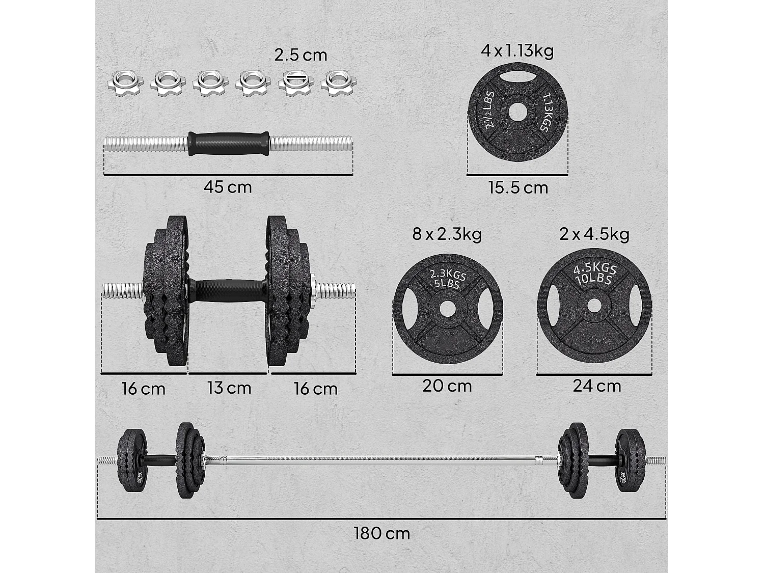 Pesi per palestra da 42 kg con 14 dischi, bilanciere e manubri nero
