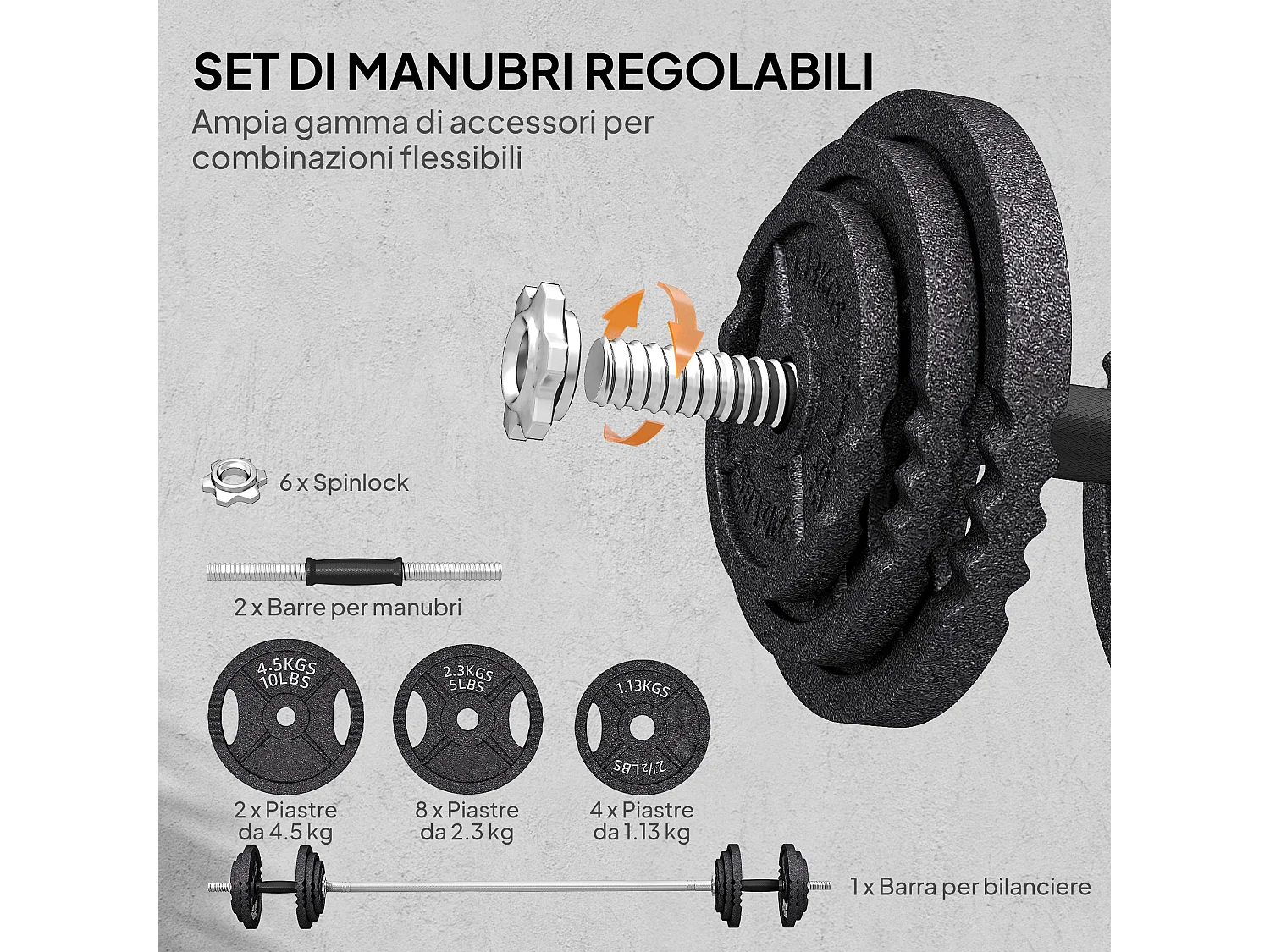 Pesi per palestra da 42 kg con 14 dischi, bilanciere e manubri nero