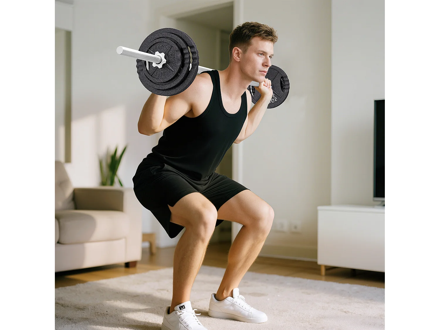 Pesi per palestra da 42 kg con 14 dischi, bilanciere e manubri nero