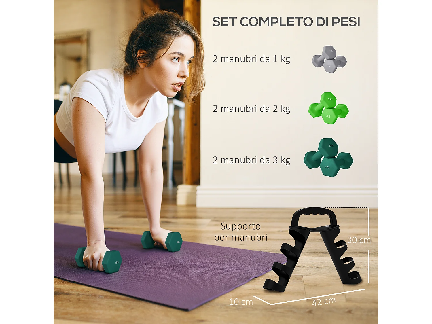 Set 6 manubri pesi con supporto in metallo e plastica multicolore
