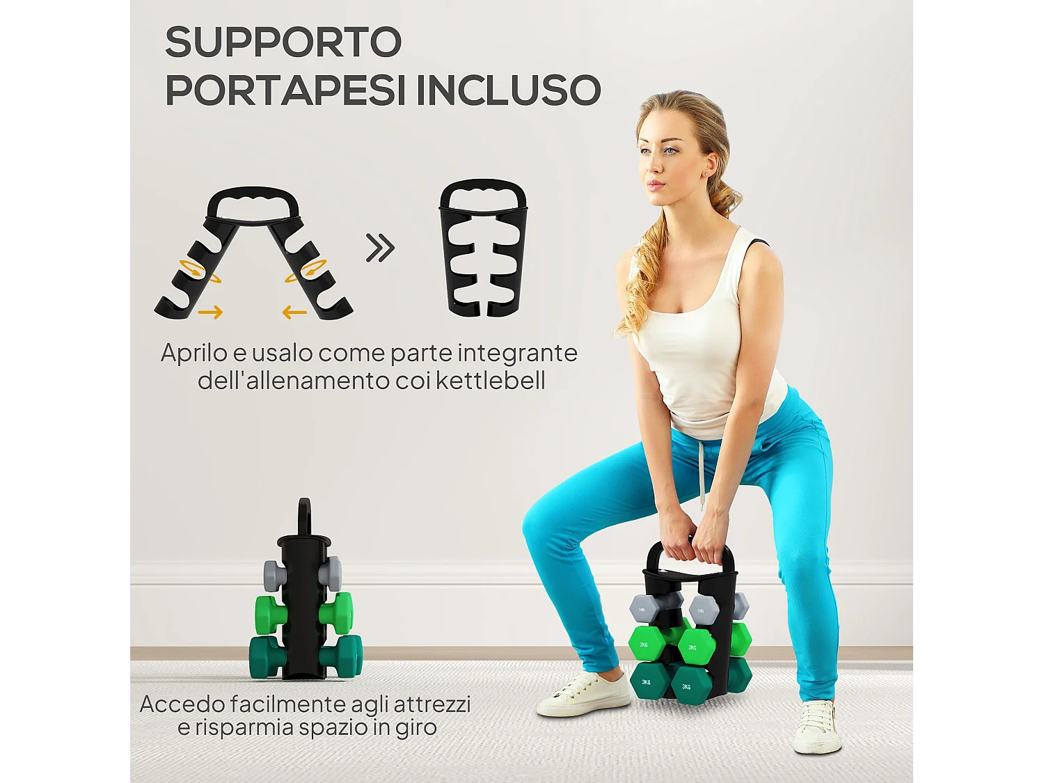 Set 6 manubri pesi con supporto in metallo e plastica multicolore