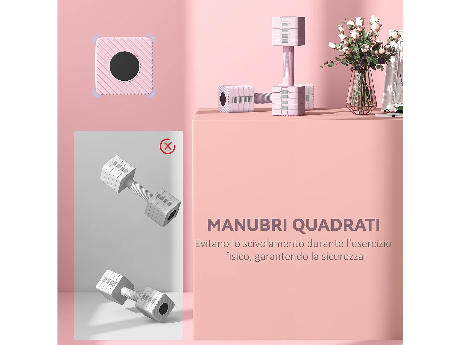 Set 2 manubri pesi quadrati da 5 kg con impugnatura antiscivolo rosa