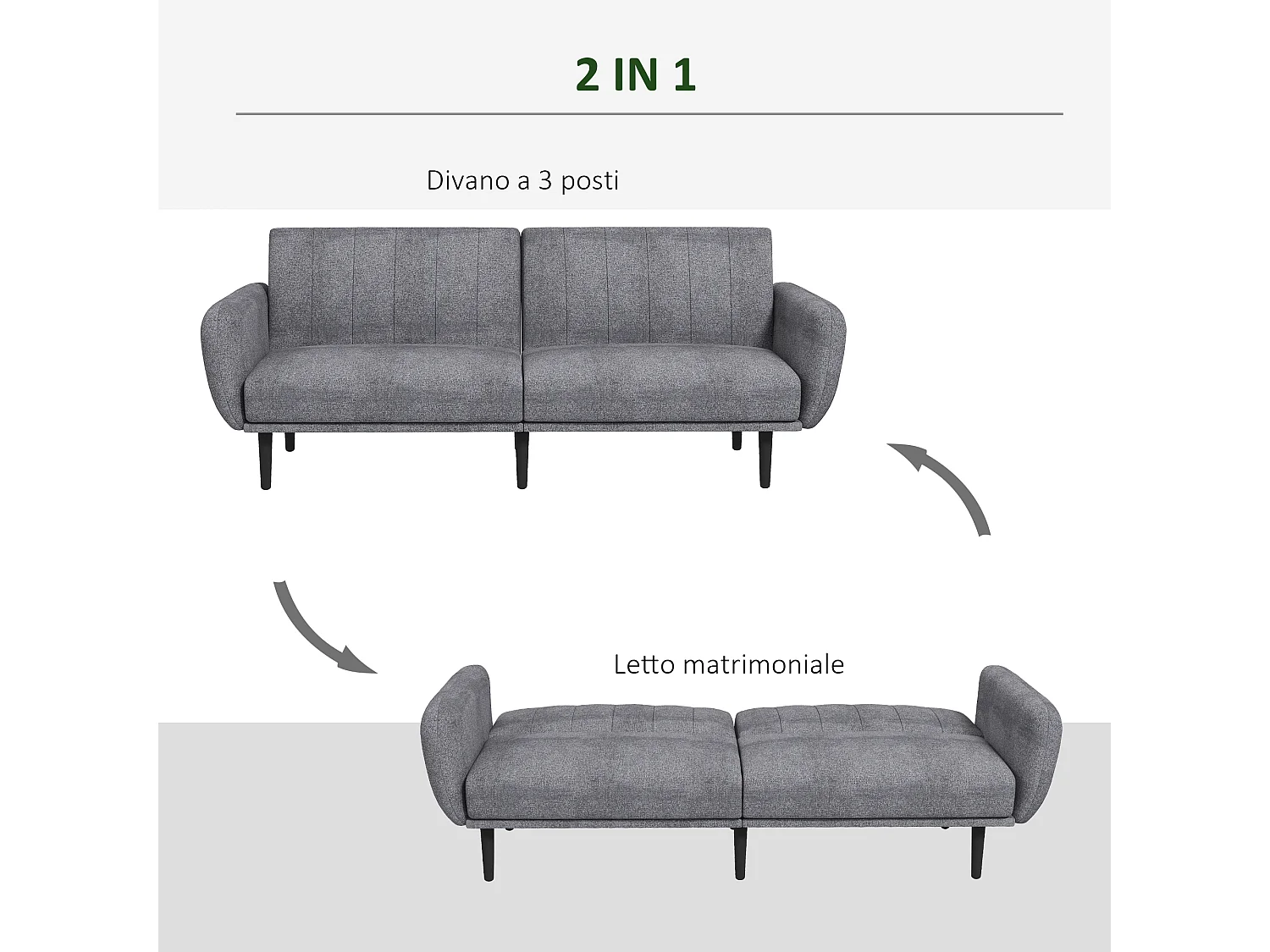 Divano letto 3 posti con schienale reclinabile a 3 livelli in tessuto