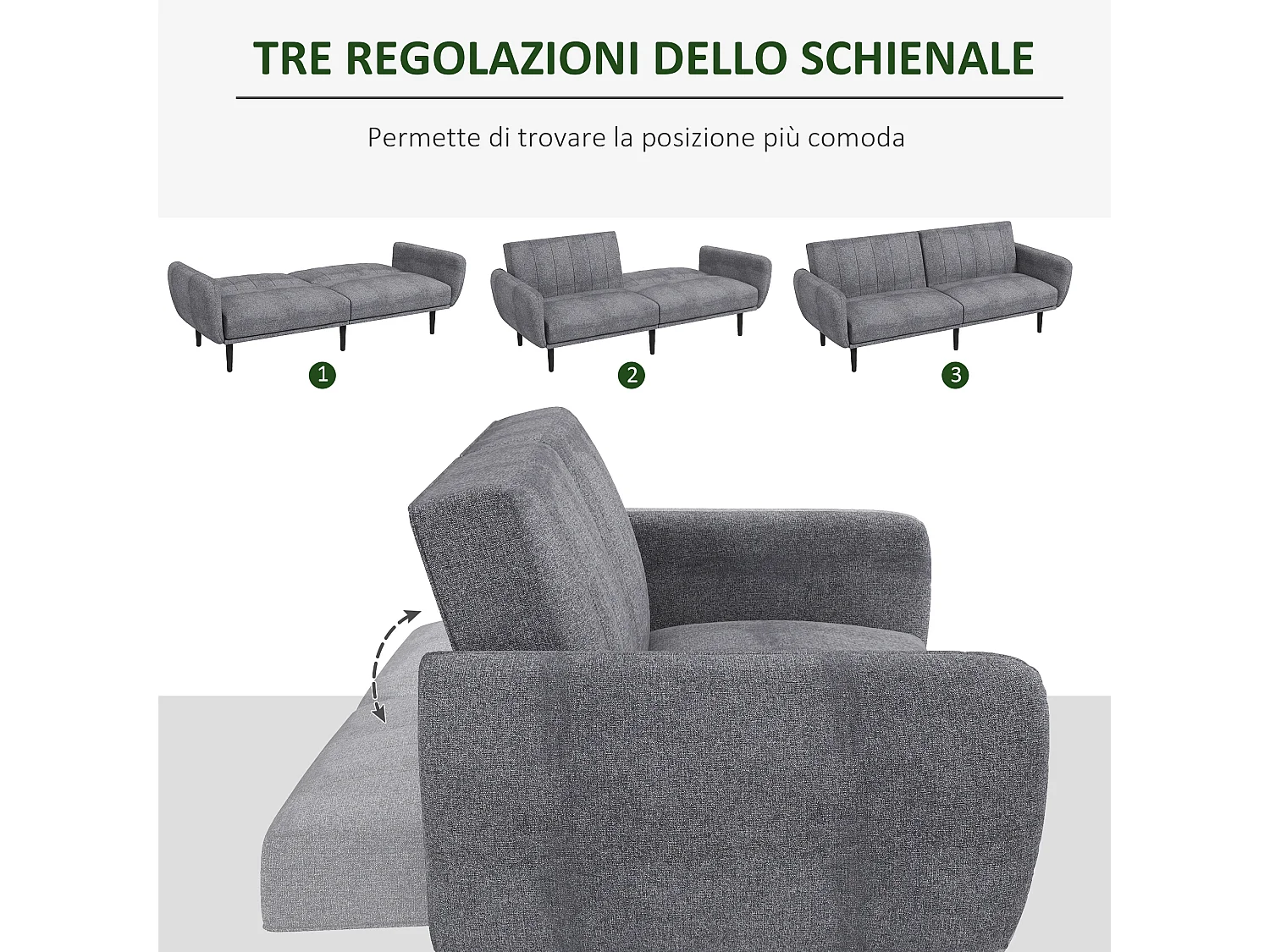 Divano letto 3 posti con schienale reclinabile a 3 livelli in tessuto