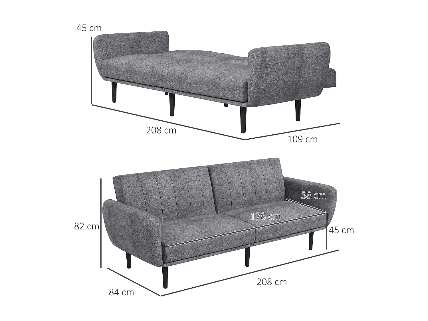 Divano letto 3 posti con schienale reclinabile a 3 livelli in tessuto