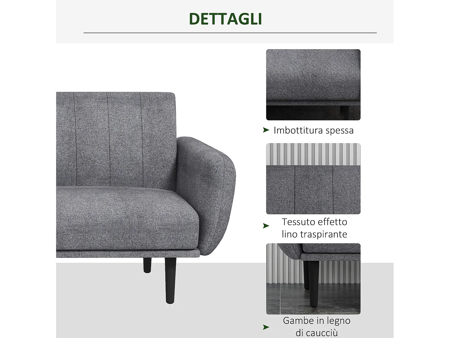 Divano letto 3 posti con schienale reclinabile a 3 livelli in tessuto